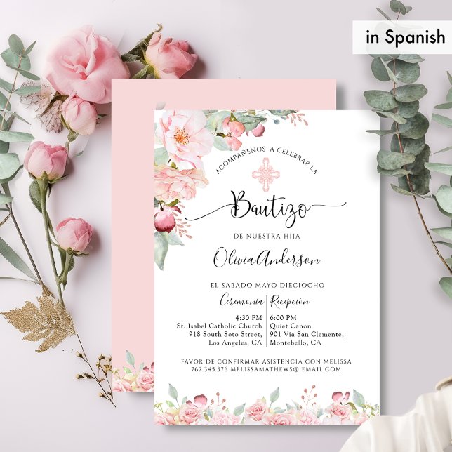 Baptême espagnol Invitation florale rose et menthe (Créateur téléchargé)