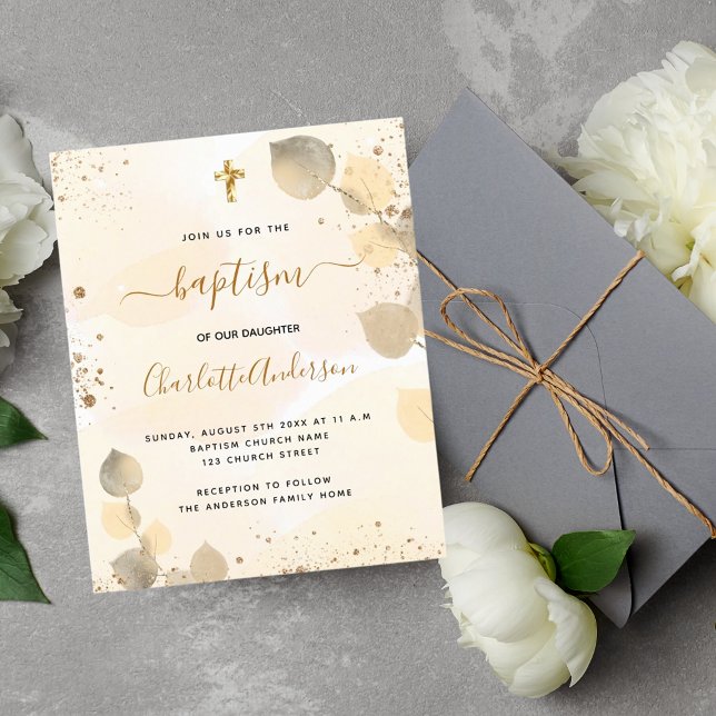 Baptême eucalyptus vert invitation dorée (Créateur téléchargé)