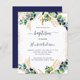 Baptême eucalyptus vert marine invitation bleue