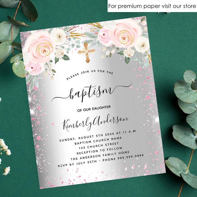 Baptême fille argent rose floral parties scintilla (Créateur téléchargé)