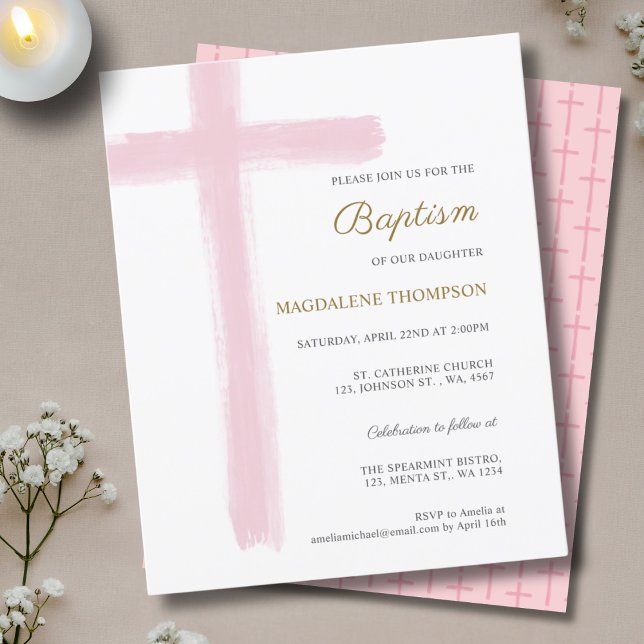 Baptême Fille Croix Aquarelle Rose Simple Budget (Créateur téléchargé)