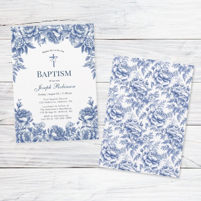 Baptême Fleur Toile Bleue Invitation (Créateur téléchargé)