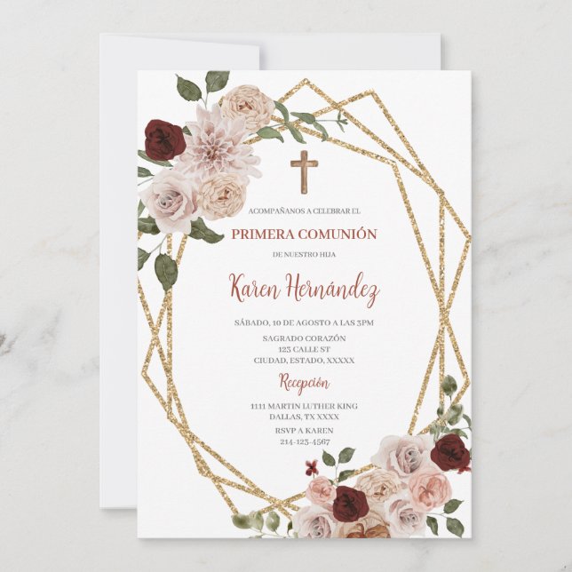 Baptême Floral Beige Espagnol Invitation (Devant)