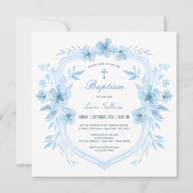 Baptême Floral Bleu Crest Invitation (Devant)
