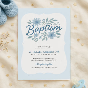 Baptême floral bleu de bord vague Invitation pour 