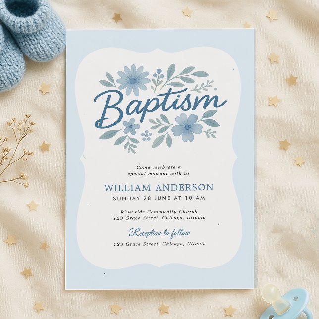 Baptême floral bleu de bord vague Invitation pour  (Baptism invite with blue floral frame and stars – soft, sweet, and perfect for baby boys

)