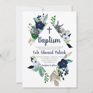 Baptême Floral Bleu Invitation