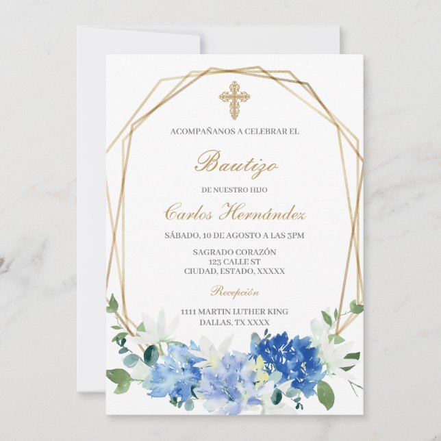 Baptême floral bleu Invitation espagnole (Devant)