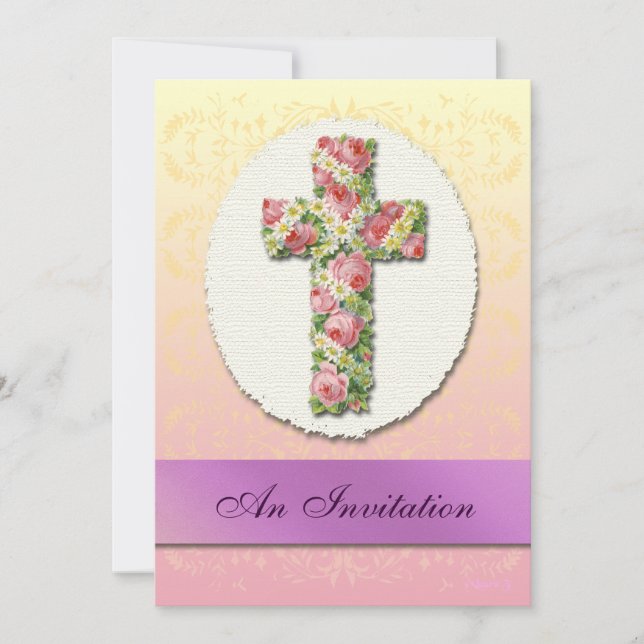 Baptême Floral Cross Pastel Invitations Personnali (Devant)