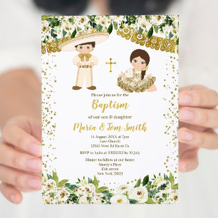 Baptême Floral Fiesta Twin Invitation