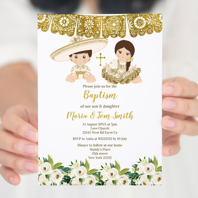 Baptême Floral Or Fiesta Twin Invitation (Créateur téléchargé)