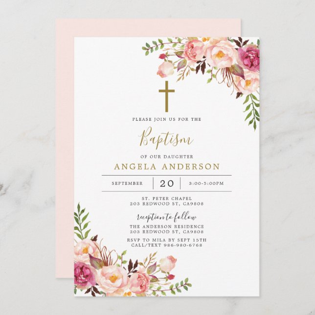 Baptême Floral Rose / Invitation Christening (Devant / Derrière)