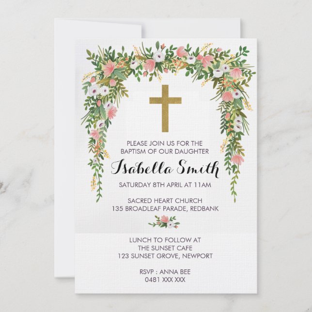 Baptême floral rose or / Invitation Christening (Devant)