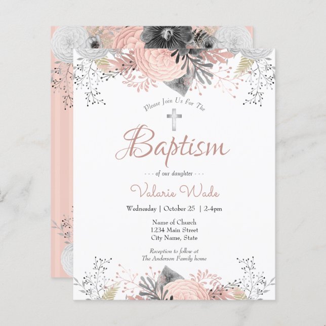 Baptême floral rose pâle Invitations budgétaires (Devant / Derrière)