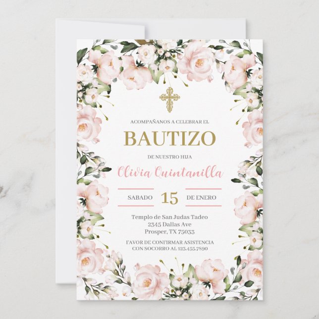 Baptême floral rose vif Invitation espagnole (Devant)