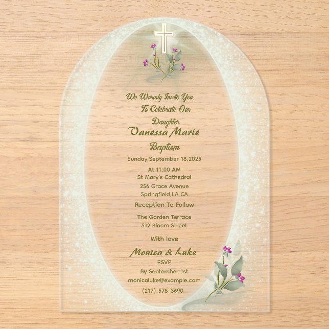 Baptême floral vert&blanc Invitation acrylique (Recto)