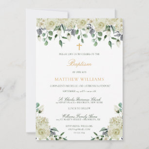 Baptême Floral Vert Or Blanc Invitation