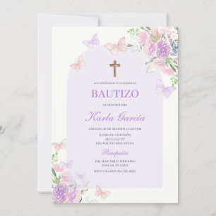 Baptême Floral Violet Invitation Espagnole