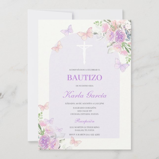 Baptême Floral Violet Invitation Espagnole (Devant)
