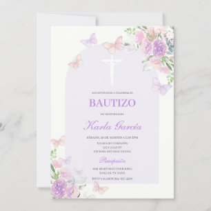 Baptême Floral Violet Invitation Espagnole