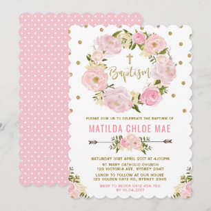 Baptême florale rose Christening Invitation