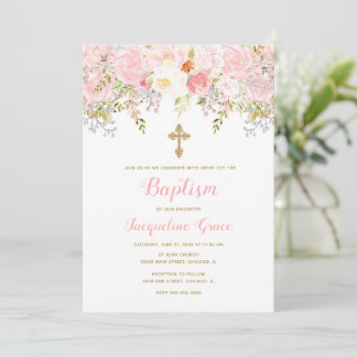 Baptême florale rose et or Invitation fille