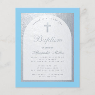 Baptême Garçon Budget Bébé bleu Argent Invitation
