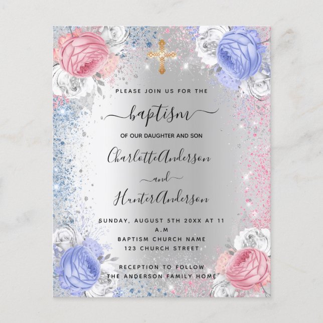 Baptême garçon fille bleu rose argent invitation (Devant)