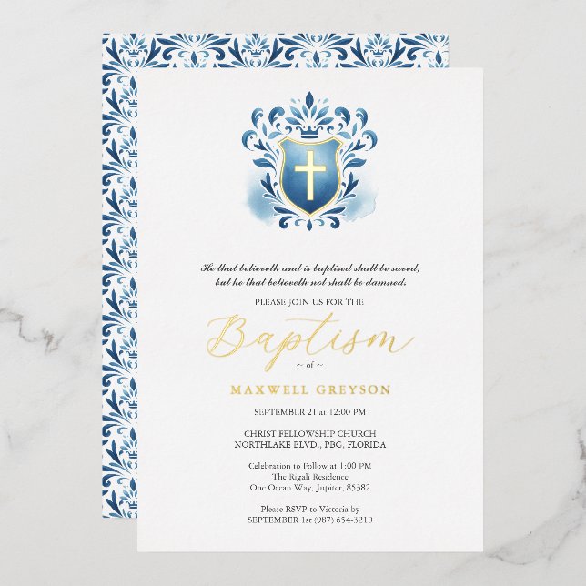 Baptême garçon Invitations Bleu Crest (Recto/Verso)