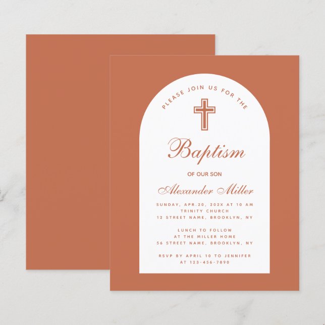 Baptême Garçon Terracotta Budget Script Invitation (Devant / Derrière)