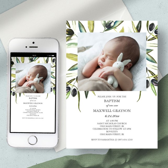 Baptême Invitation Aquarelle Sexe photo neutre (baptism invitation boho botanical watercolor olive branch )