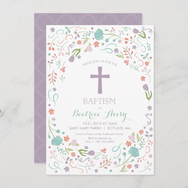 Baptême, Invitation du baptême - Fleurs, Croix (Devant / Derrière)
