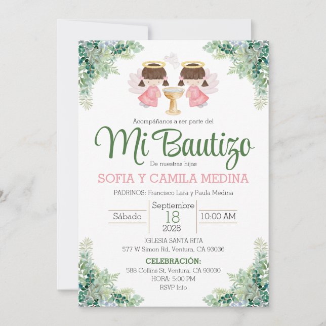 Baptême Invitation Espagnol deux filles jumelles s (Devant)