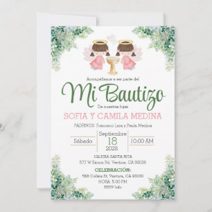 Baptême Invitation Espagnol deux filles jumelles s