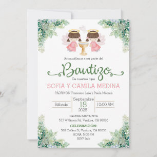 Baptême Invitation Espagnol deux filles jumelles s