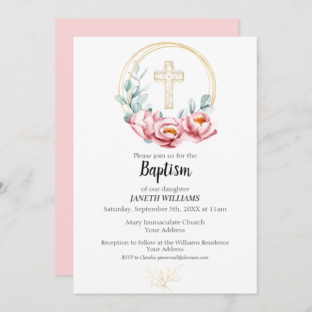 Baptême Invitation fille, Floral (Devant / Derrière)