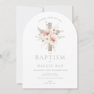 Baptême Invitation Filles Pink Floral Cross Arché