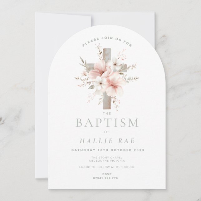 Baptême Invitation Filles Pink Floral Cross Arché (Devant)
