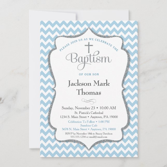 Baptême Invitation Garçons Blue Grey Chevron Éléga (Devant)