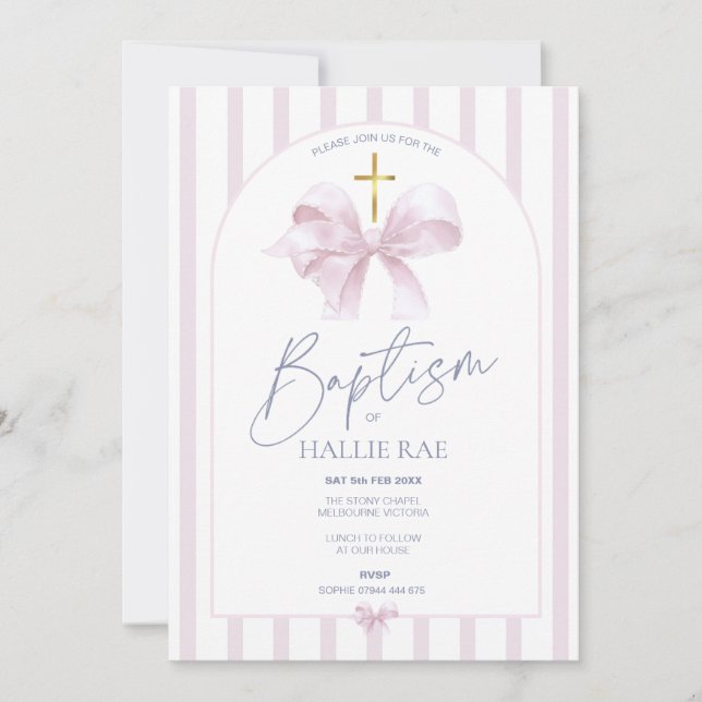 Baptême Invitation Girl, Moderne Bow rose & Or (Devant)
