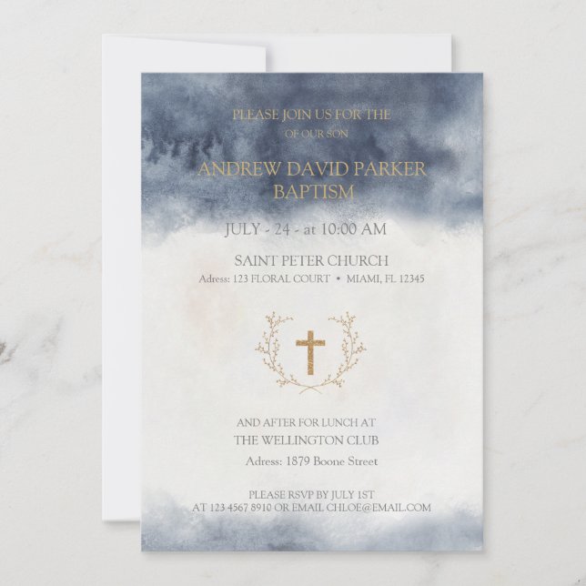 Baptême Invitations avec éléments aquarelles (Devant)