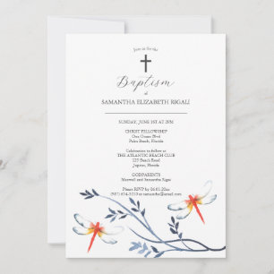 Baptême Invitations Godparents Nom Red Dragonfly