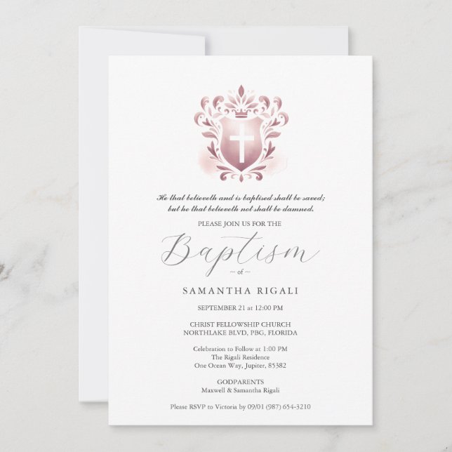 Baptême Invitations Religieux Dusty Rose Crest (Devant)