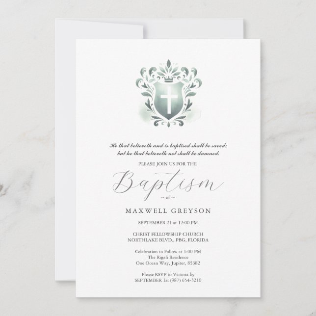 Baptême Invitations Sage Religieux Green Crest (Devant)