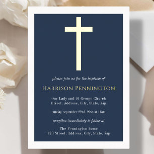 Baptême Marine & Gold Cross Foil Invitation