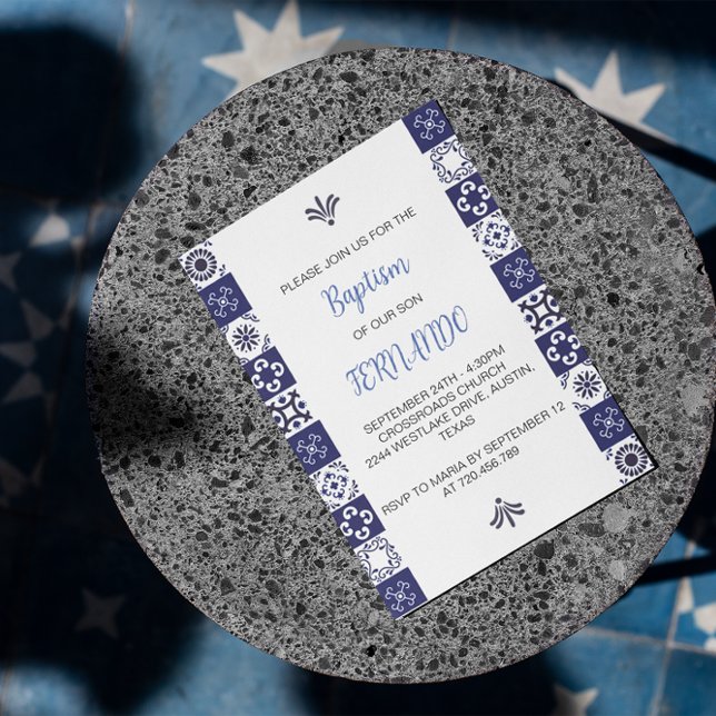 Baptême mexicain bleu mignon Invitation Bautizo (blue white mexican baptism card)