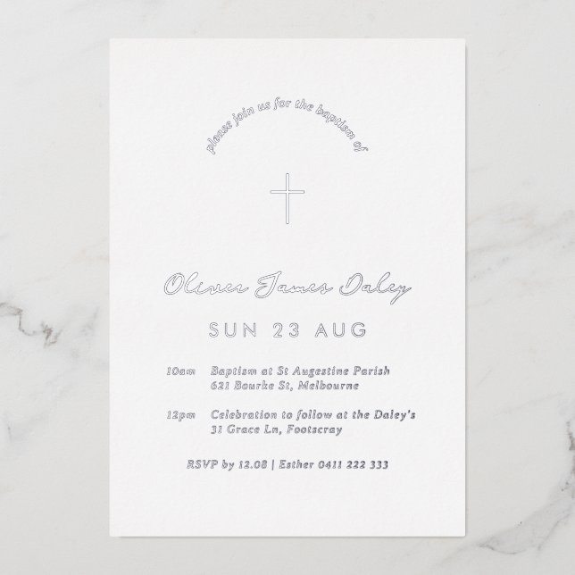 Baptême minimal blanc Christening Cross Invitation (Recto)