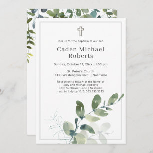Baptême Moderne Verdure Cross Invitation