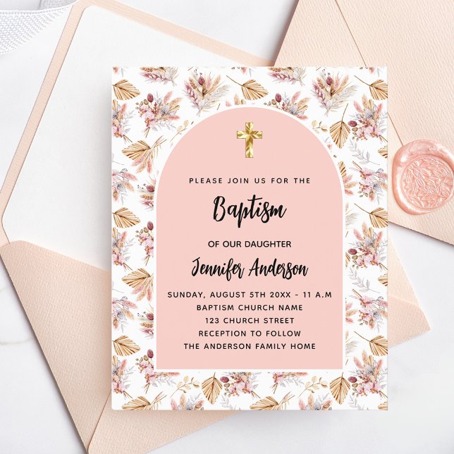 Baptême Pampas fleurs rose or budget invitation (Créateur téléchargé)