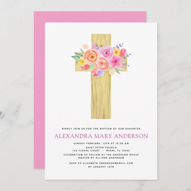 Baptême Pastel Floral Rose Croix Invitation (Devant / Derrière)